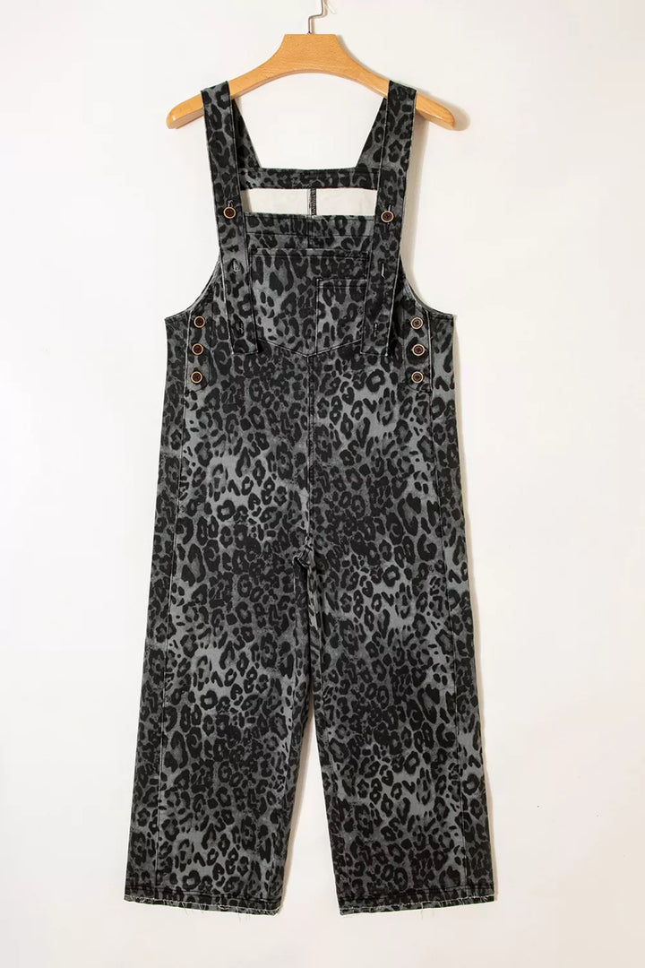 Leopard print cropped wide-leg denim overalls with raw hem