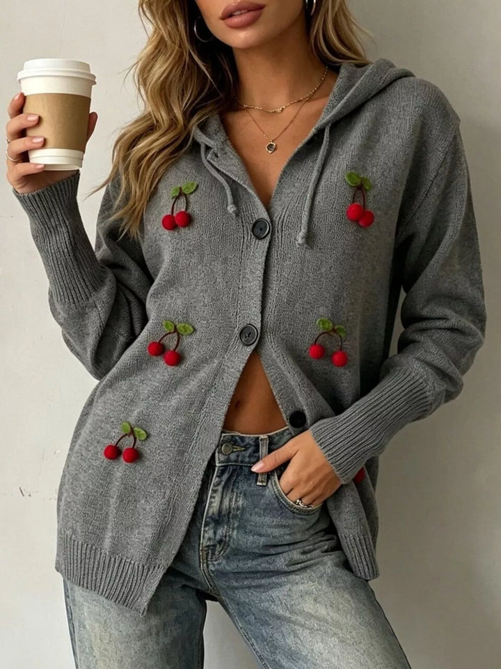3D cherry applique button-front hooded cardigan