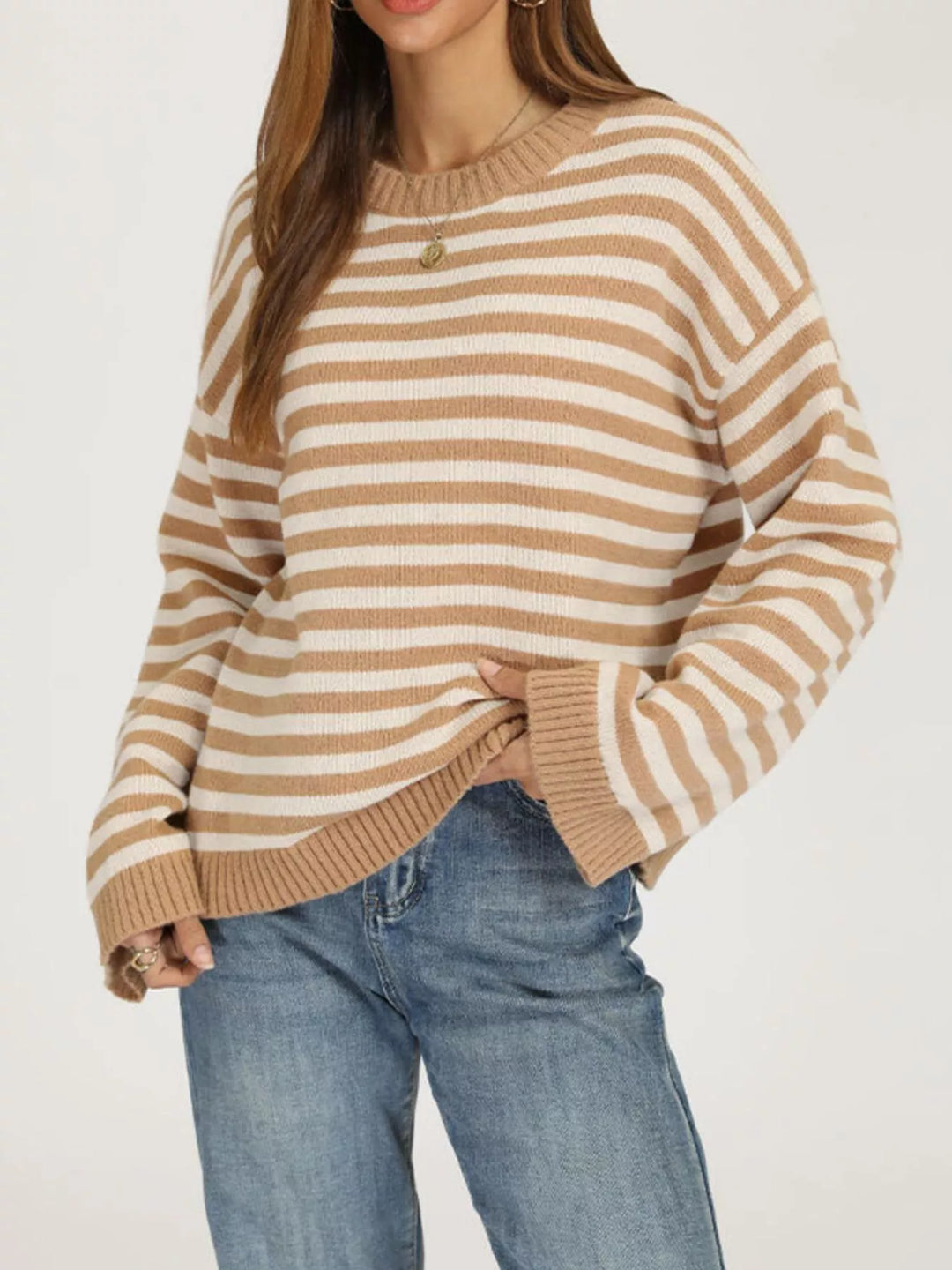 Striped drop shoulder crew neck sweater with ribbed trim