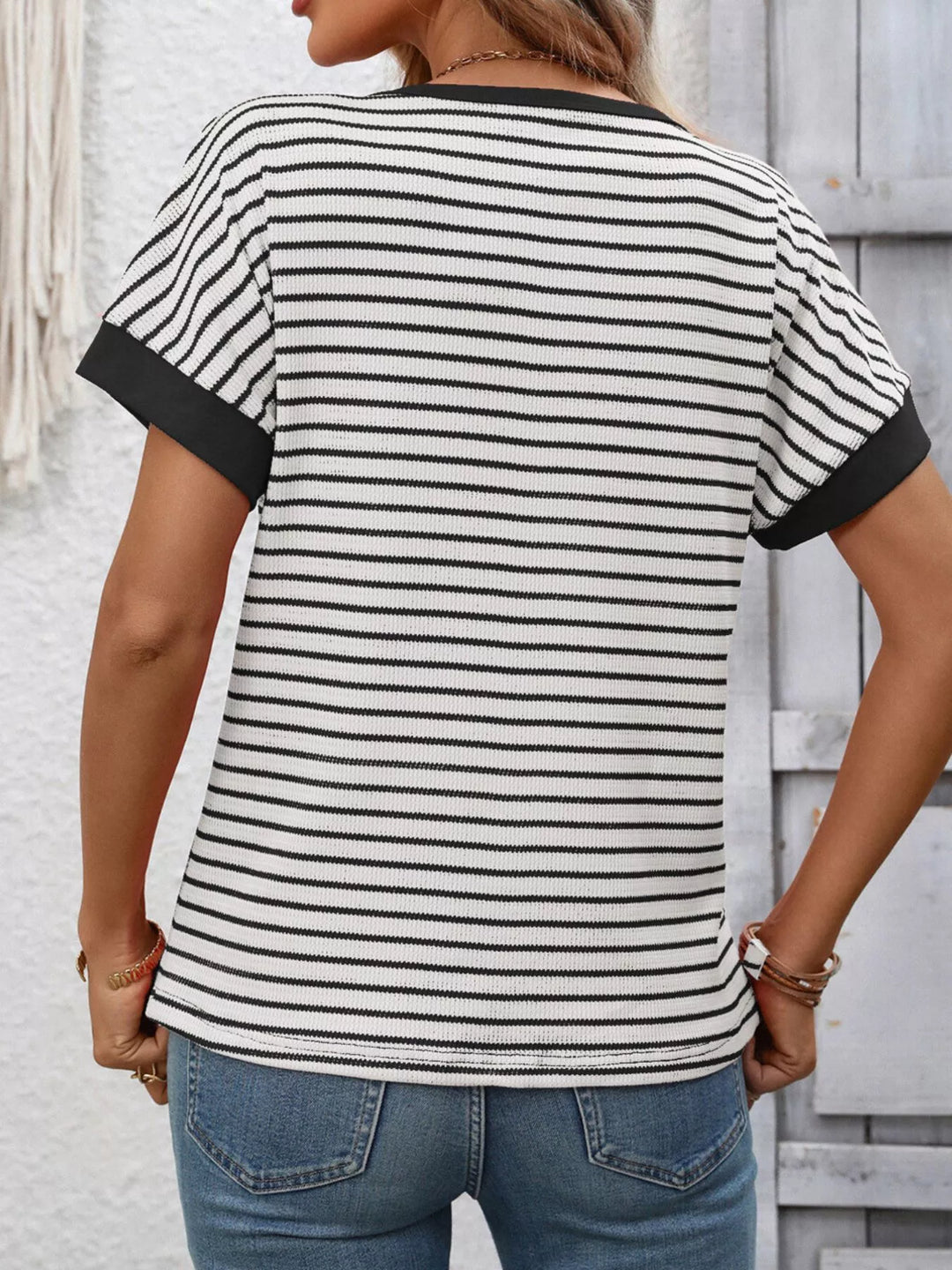 Striped short sleeve knit tee with contrast trim