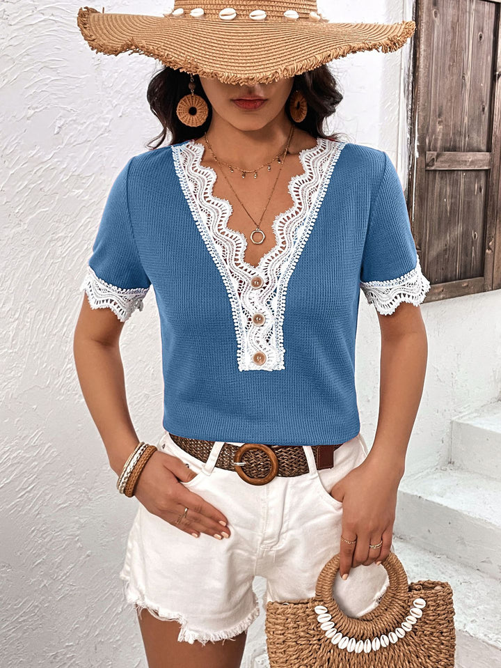 Cerulean Lace-trim V-neck short sleeve top with button placket
