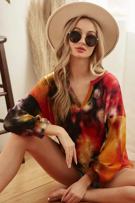 Tie-dye brushed waffle knit top with bubble sleeves