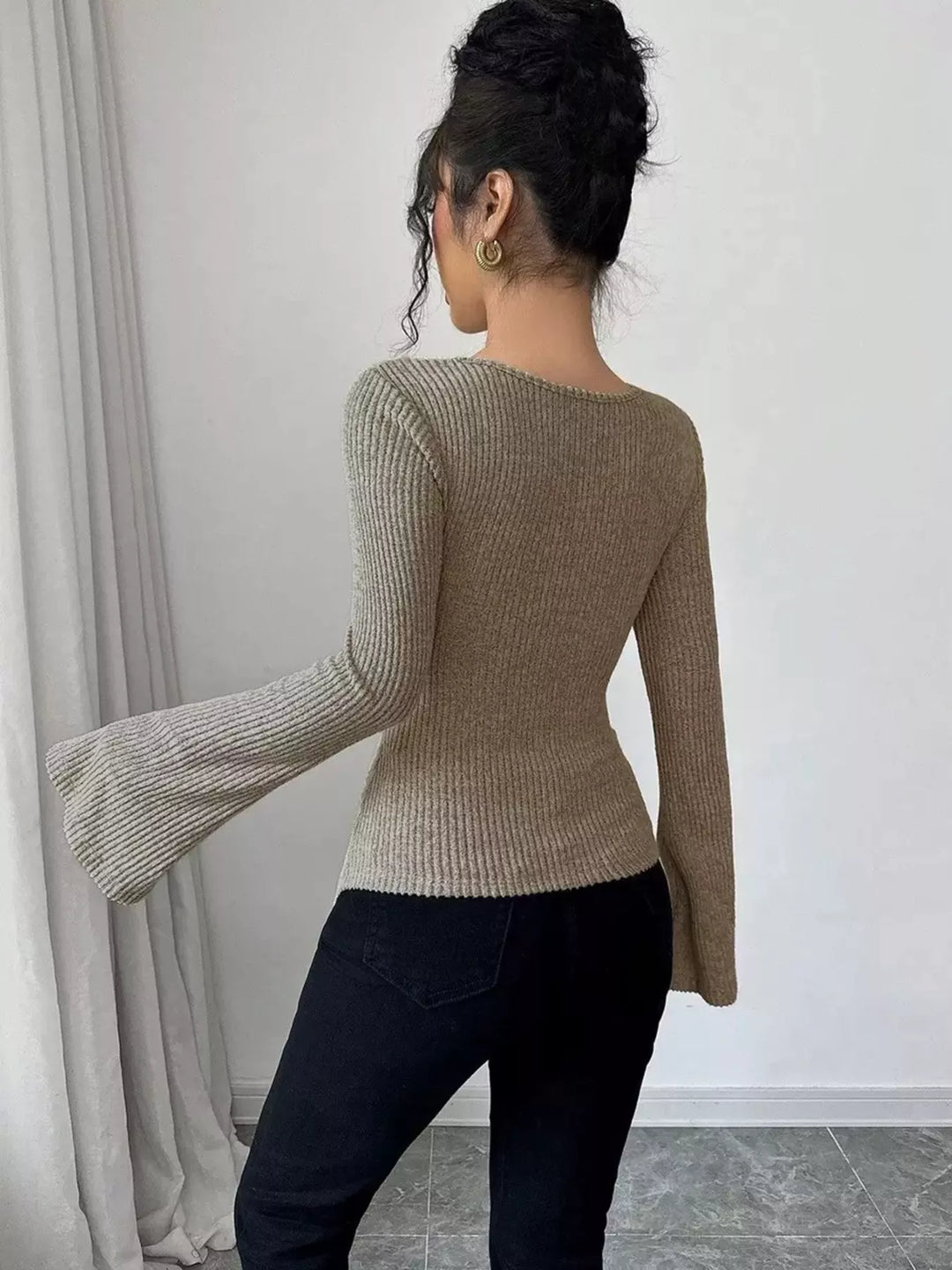 Cowl neck ribbed knit top with flare sleeves