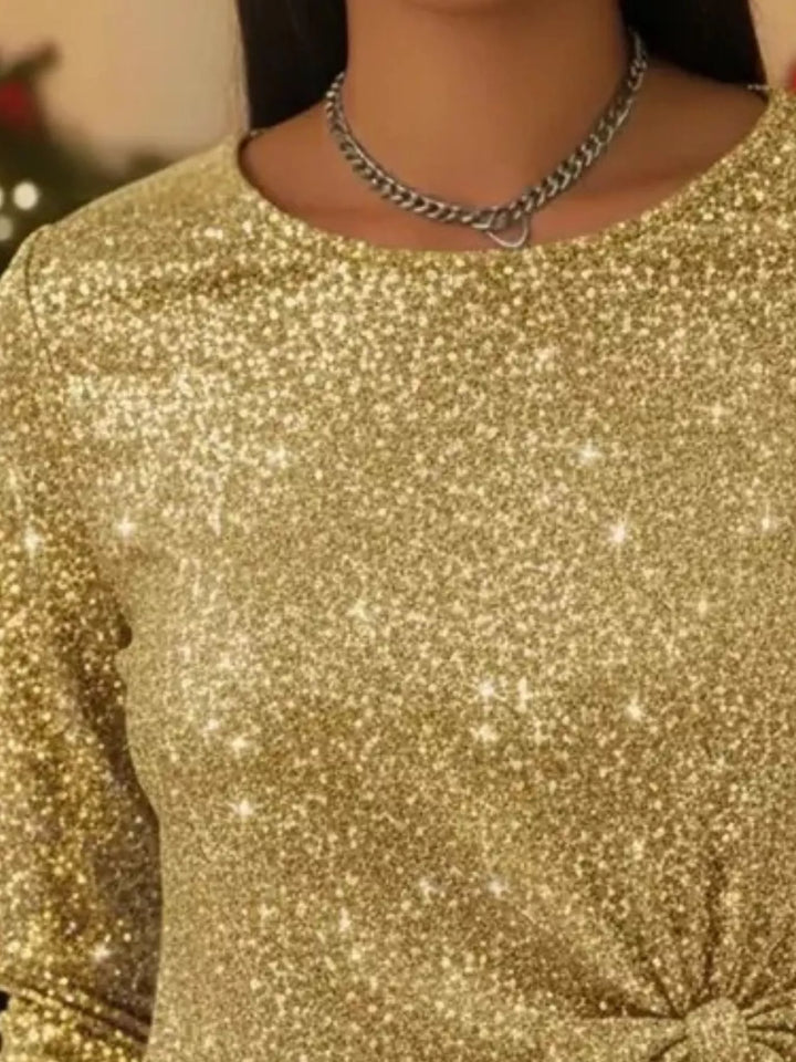 Sequin long sleeve top with side bow-knot tie