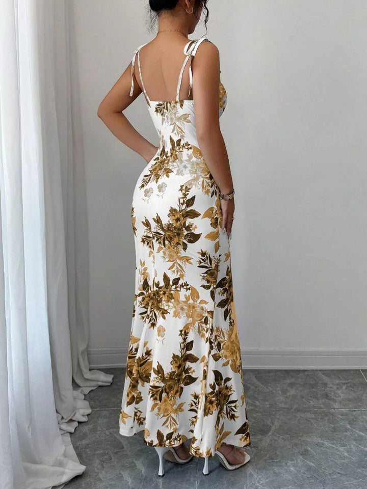 Floral print tie-strap maxi dress with side slit