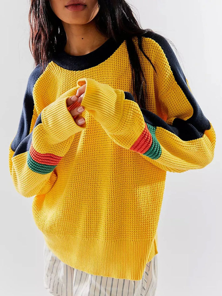Yellow Color block waffle-knit crew sweater with striped sleeves