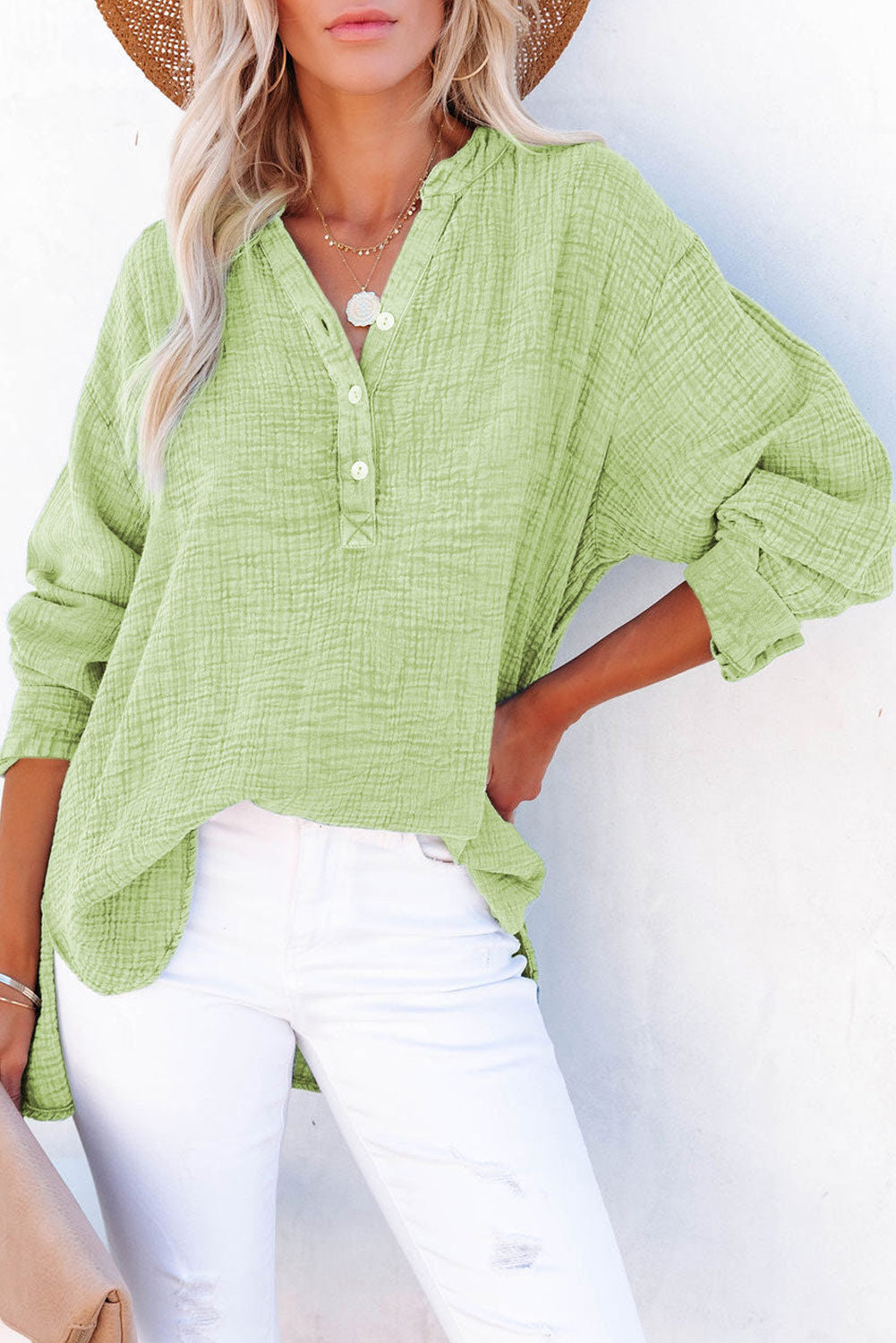Gum Leaf Textured cotton blouse with half-button placket and long sleeves