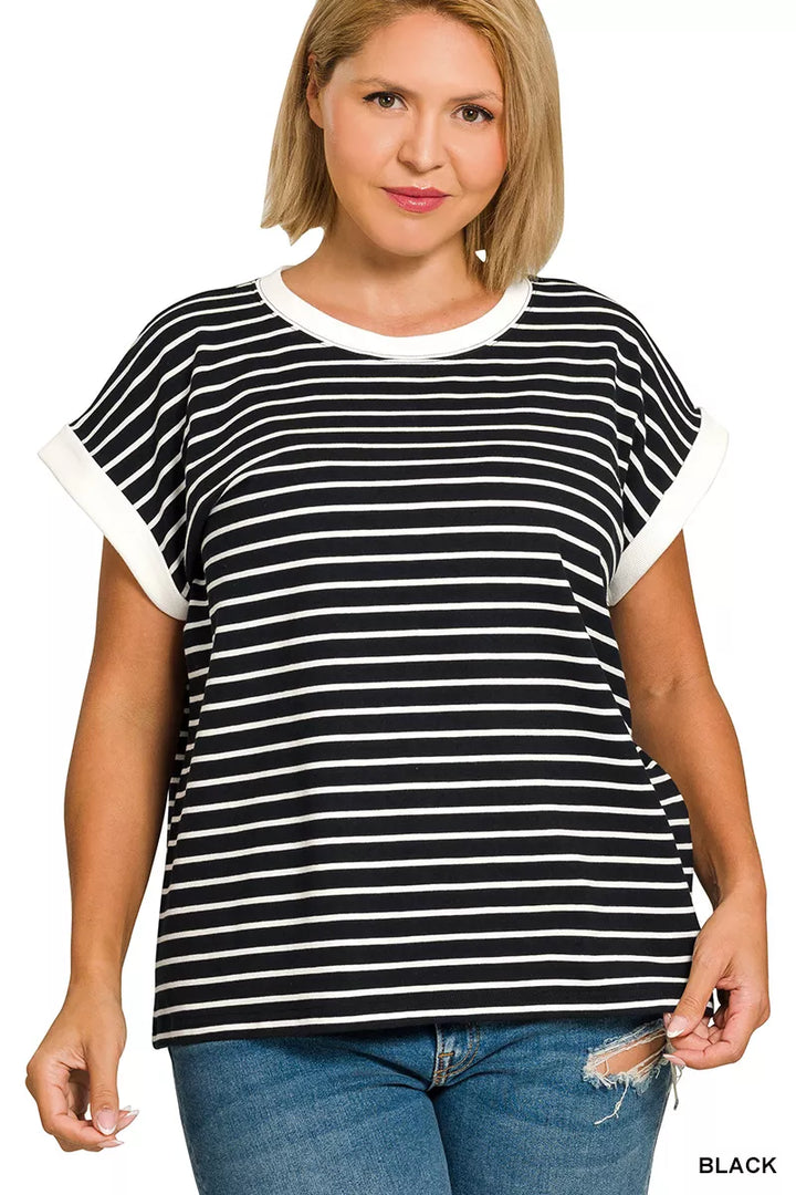 Contrast trim striped cap sleeve tee