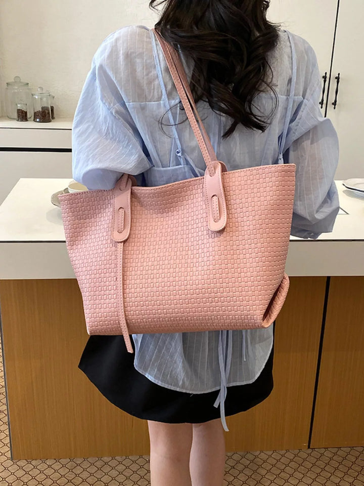 Woven texture faux leather large shoulder tote bag