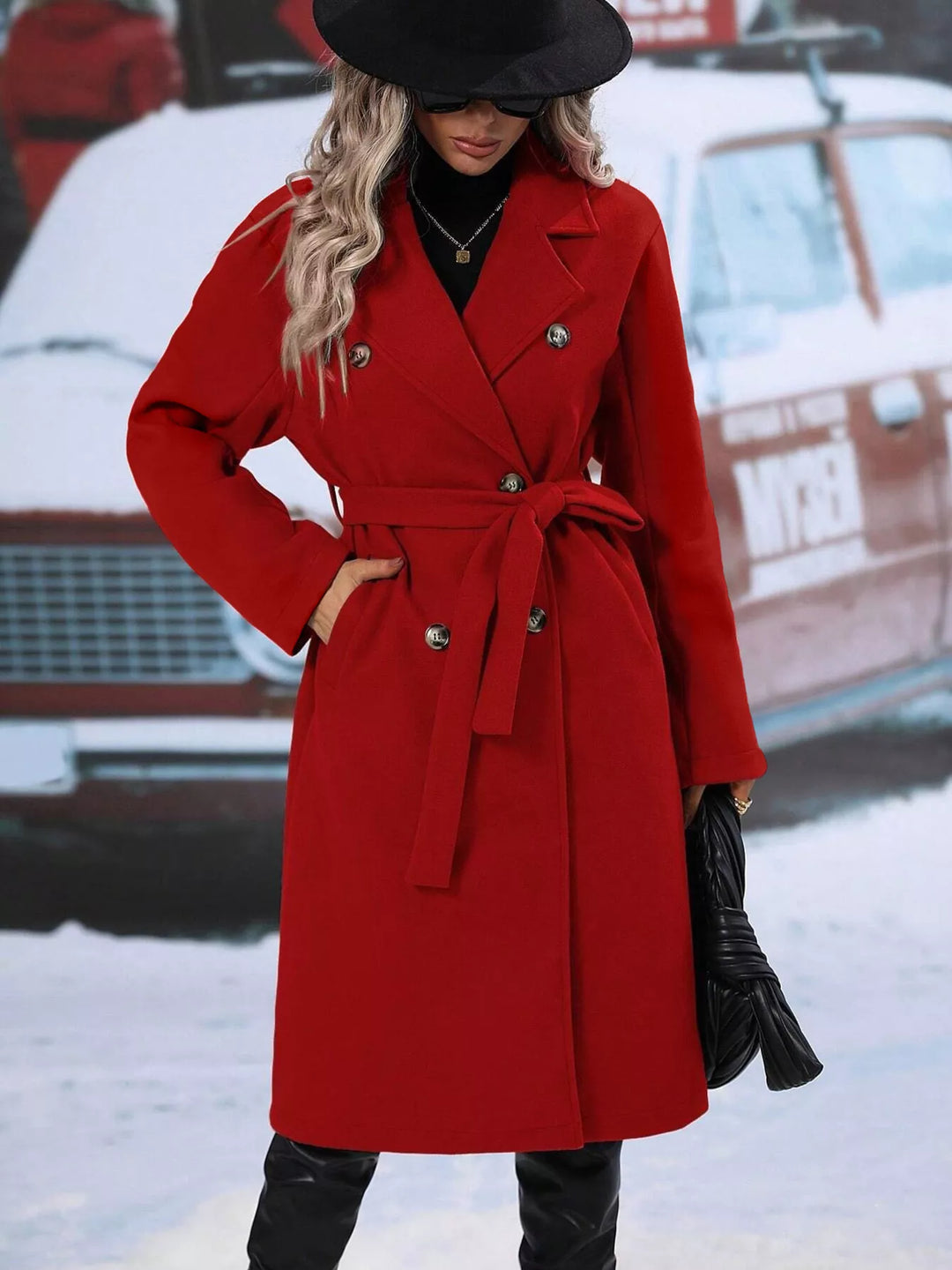 Double-breasted belted longline overcoat with lapel collar