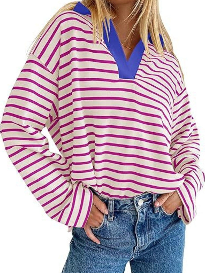 Striped oversized long sleeve top with contrast collar