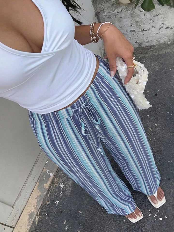 Striped wide-leg pants with drawstring waist