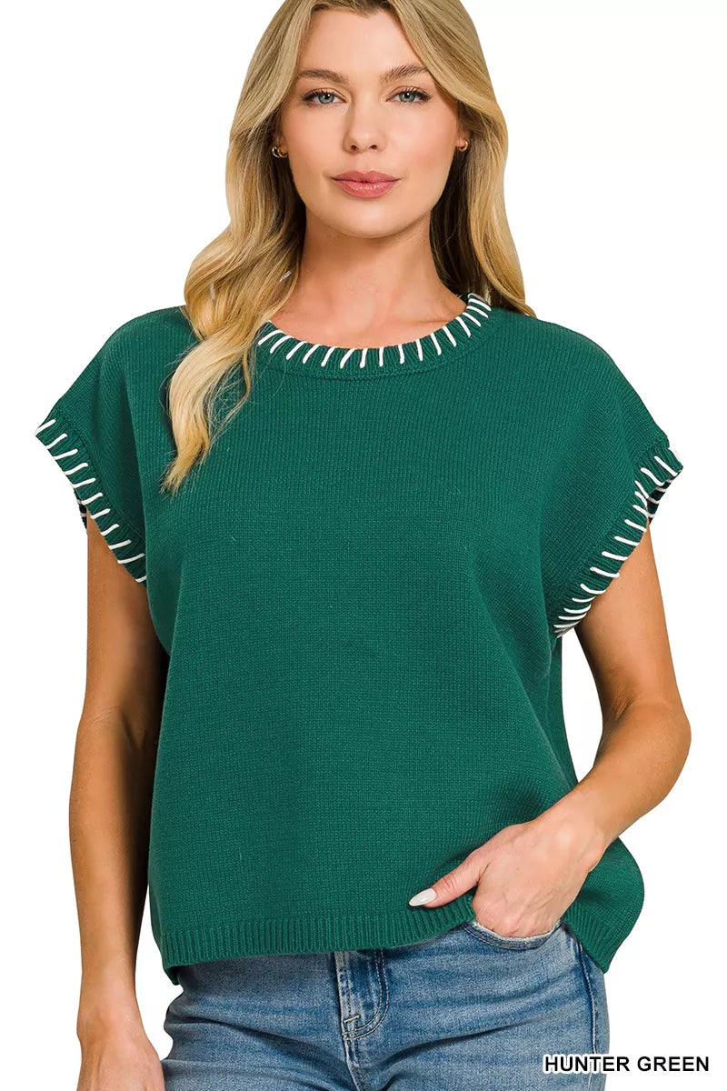HUNTER GREEN Whipstitch trim oversized short sleeve knit sweater