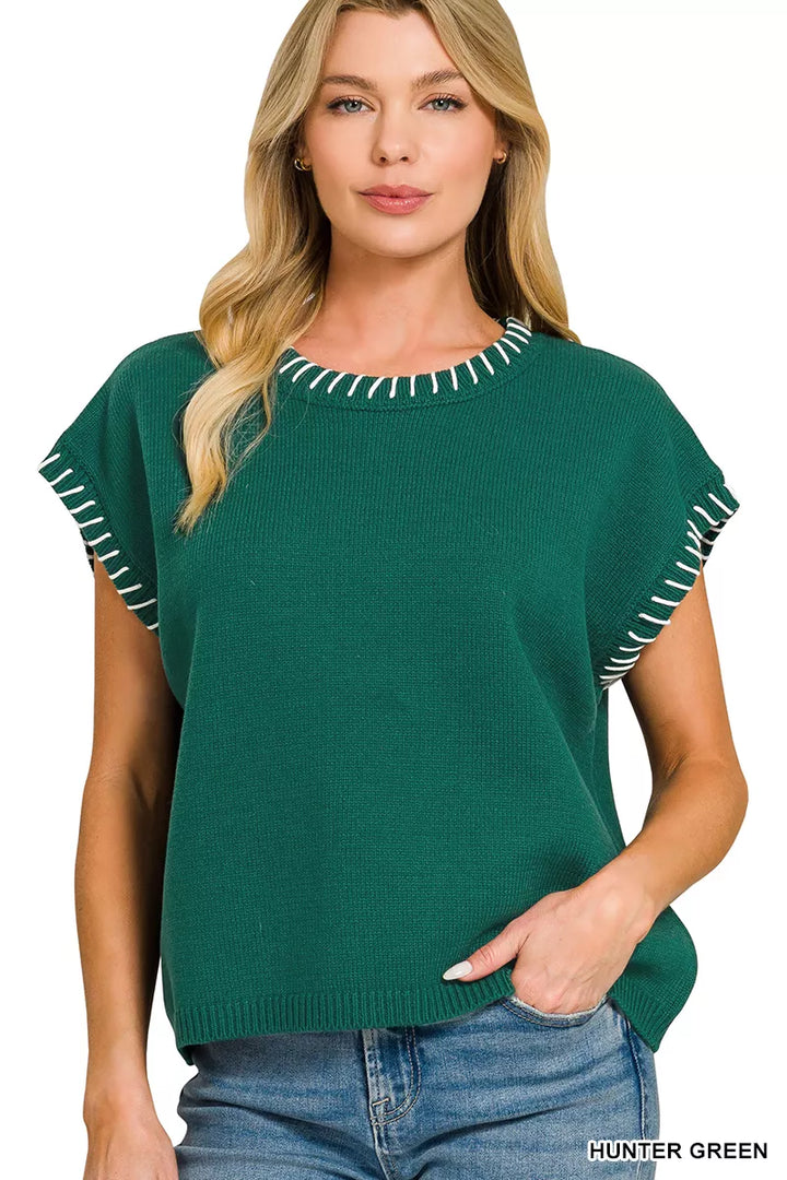 HUNTER GREEN Whipstitch trim oversized short sleeve knit sweater