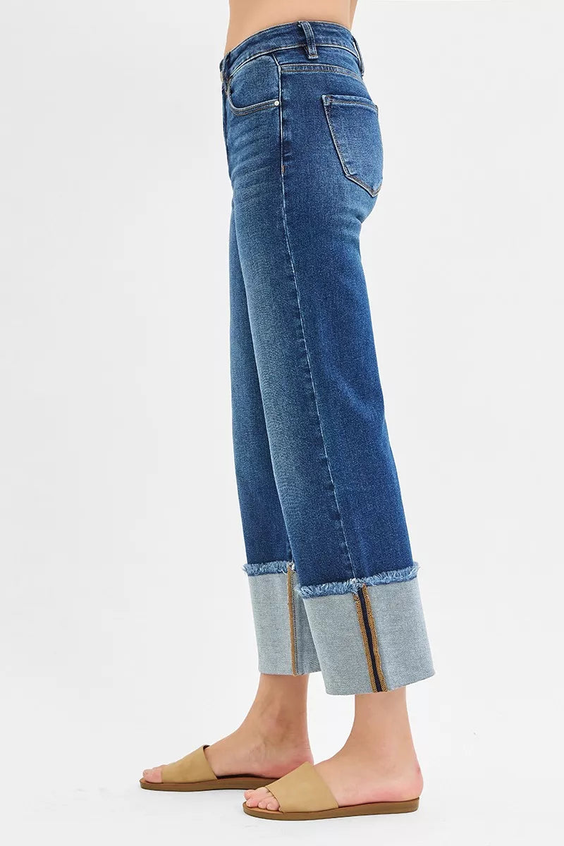 Mid-rise wide-leg crop jeans with raw-hem cuff