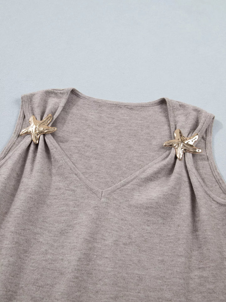 V-neck knit tank with metal starfish shoulder detail