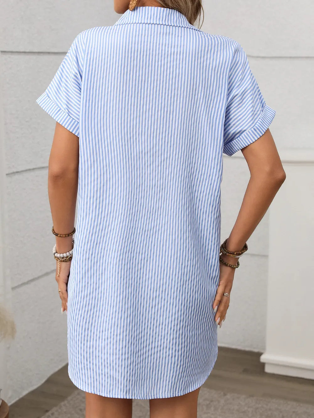 Striped button-down short sleeve mini shirt dress