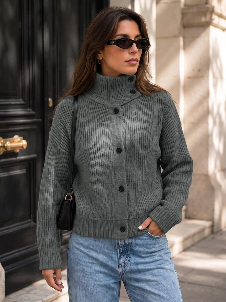 Ribbed knit mock neck button-front cardigan