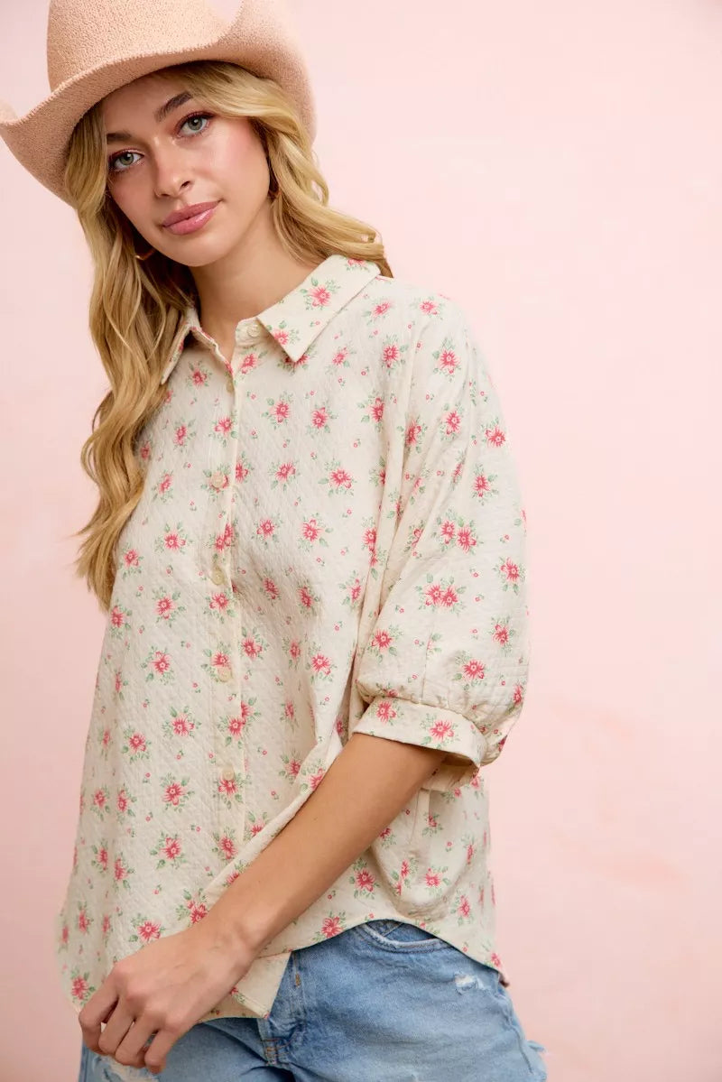 Ditsy floral short dolman blouse with button-front