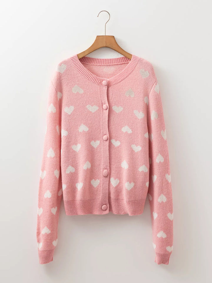 Heart pattern button-front knit cardigan with ribbed trim