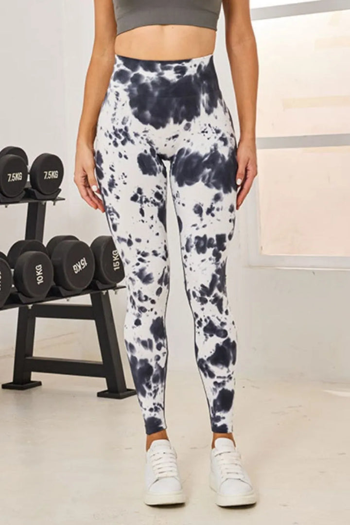 White Tie-dye high-waist active leggings with wide waistband