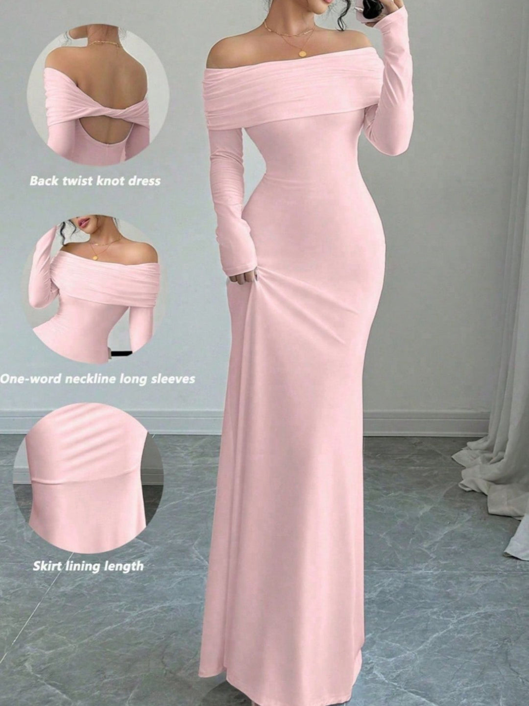 Pink Ruched off-shoulder long sleeve bodycon maxi dress