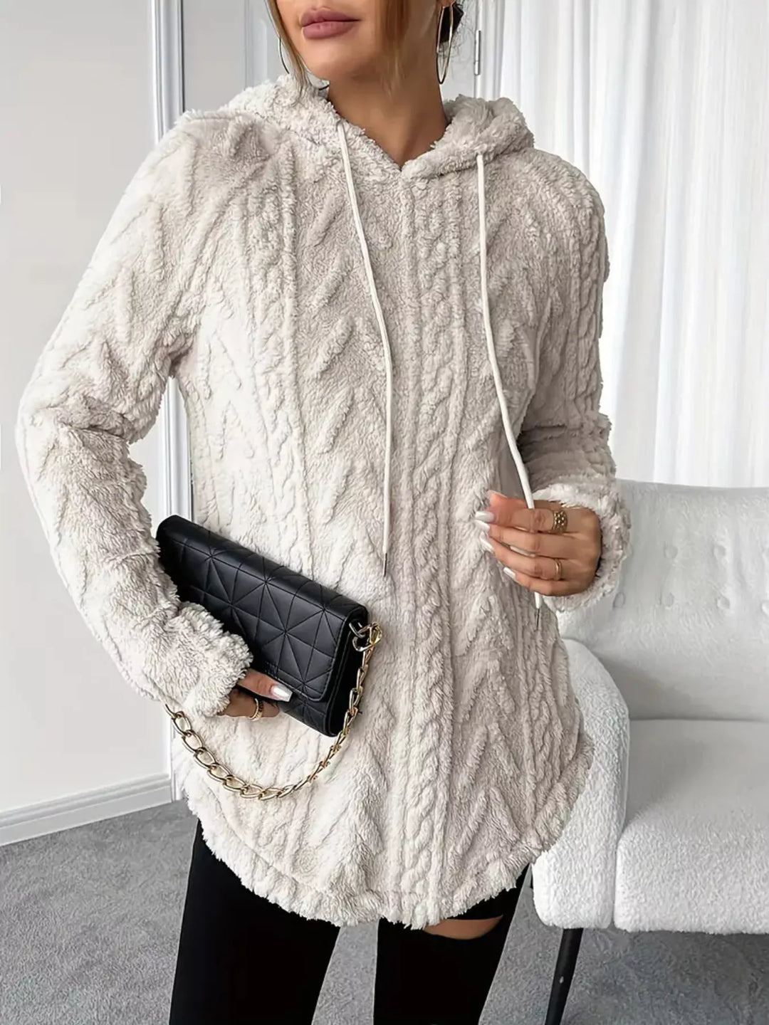 Apricot Textured cable-knit fleece pullover hoodie with drawstring