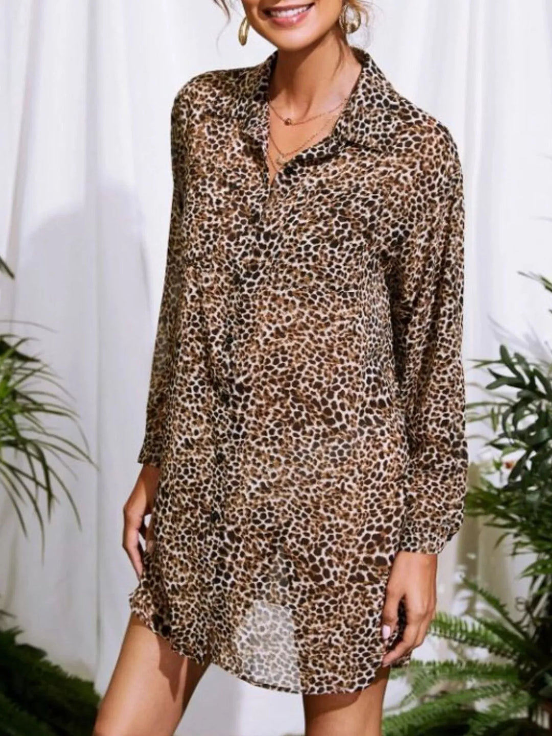 Leopard print button-up oversized long sleeve shirt