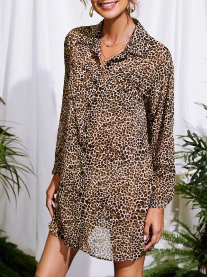 Leopard print button-up oversized long sleeve shirt
