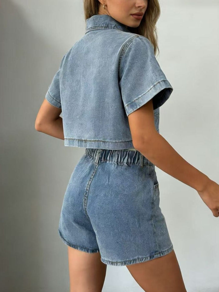 Cropped denim button-up top and mini skort set