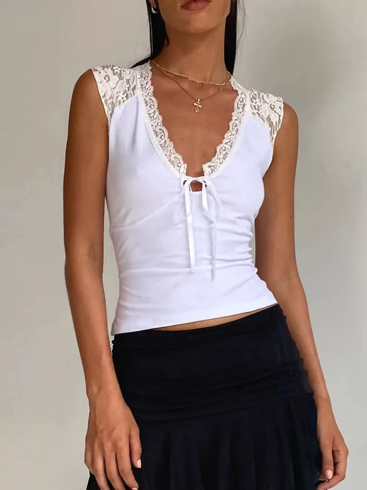 White Lace trim V-neck tank top with front tie bow