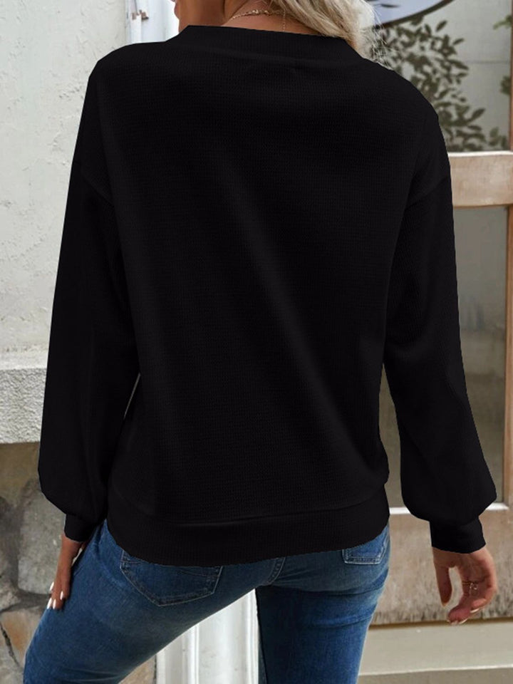 Waffle-knit V-neck button-front top with dropped shoulders