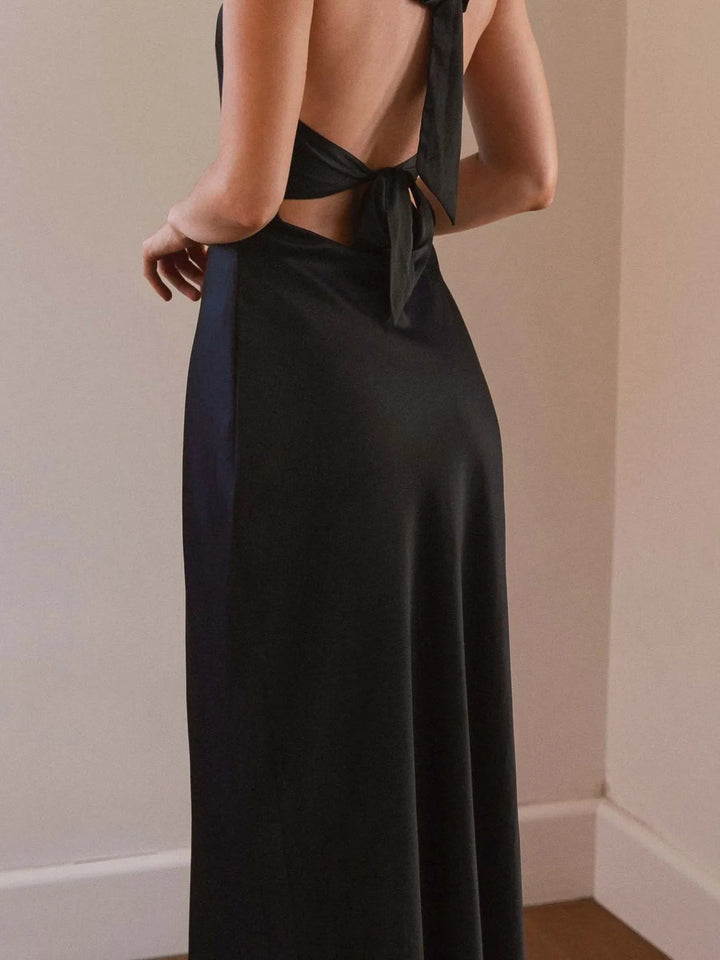 Satin halter wrap maxi dress with side tie