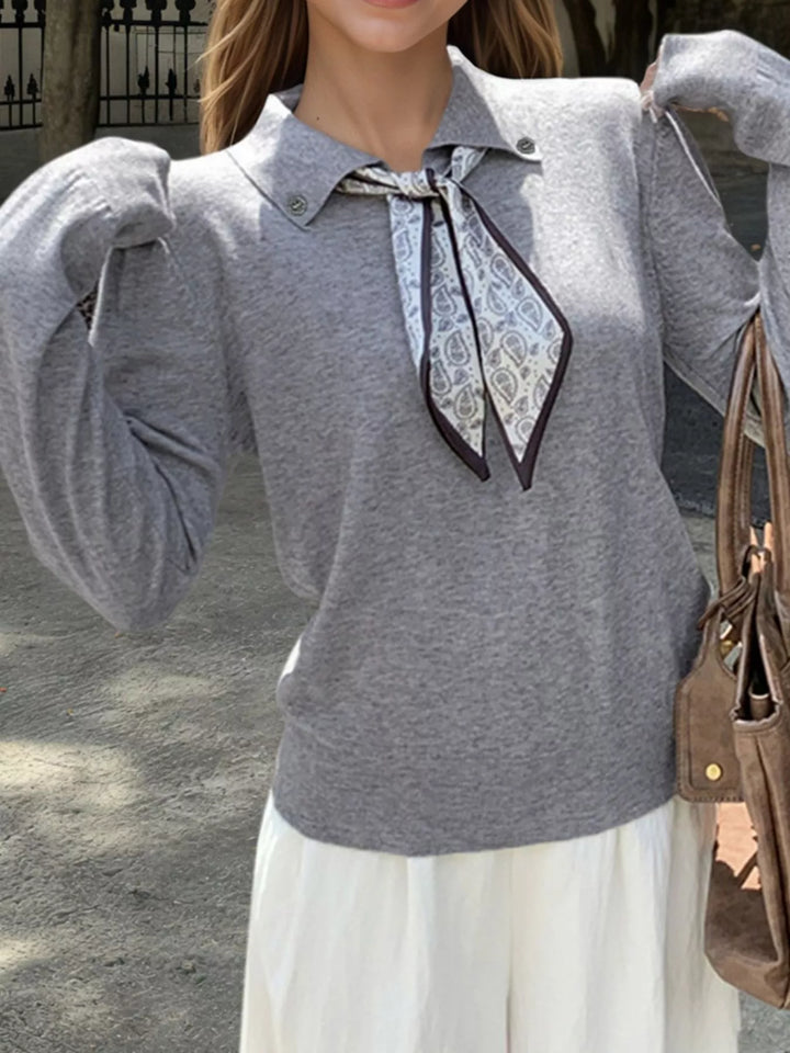 Scarf-tie collared long sleeve knit sweater