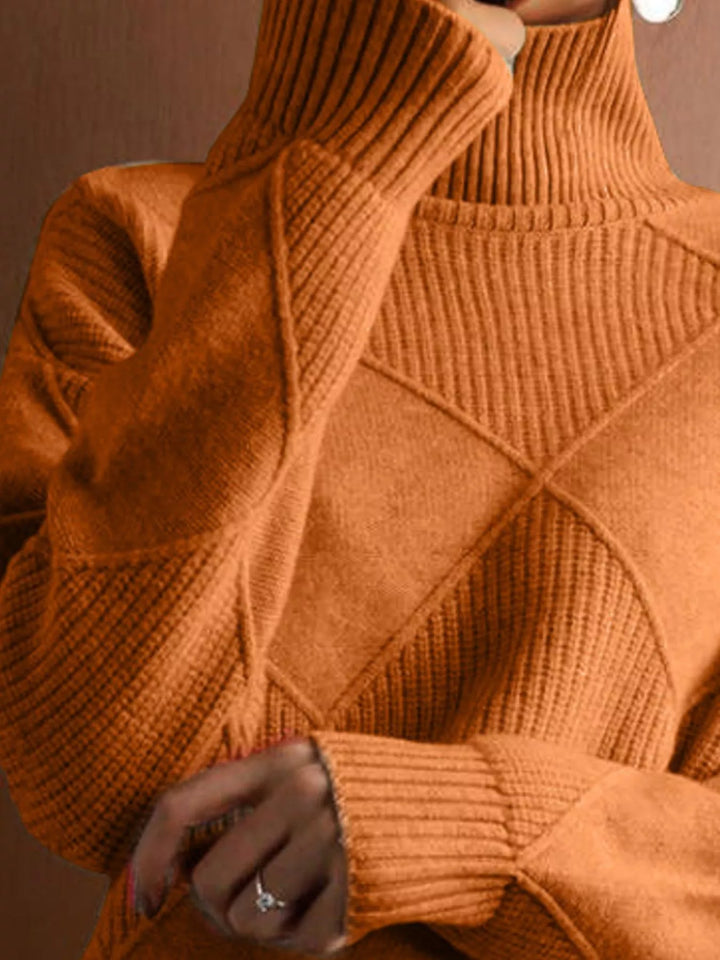 Textured argyle knit turtleneck sweater with ribbed cuffs