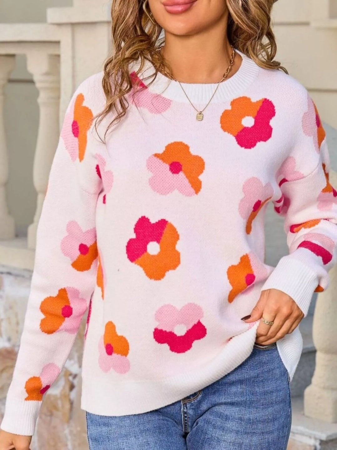 Retro floral crew neck knit pullover sweater