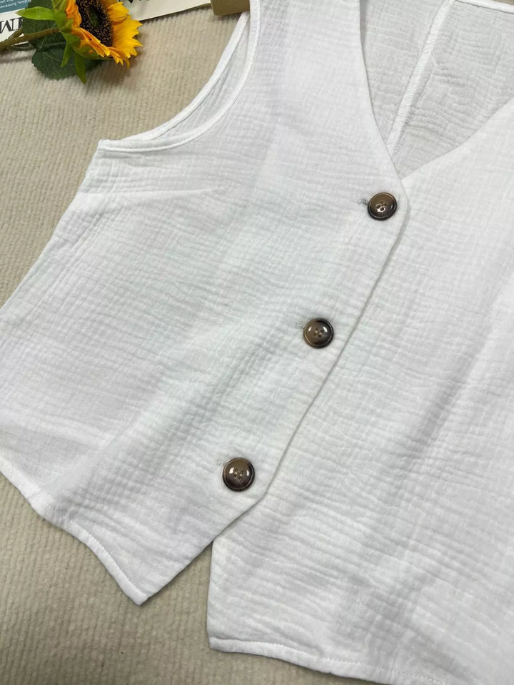 Textured V-neck button-down cropped vest
