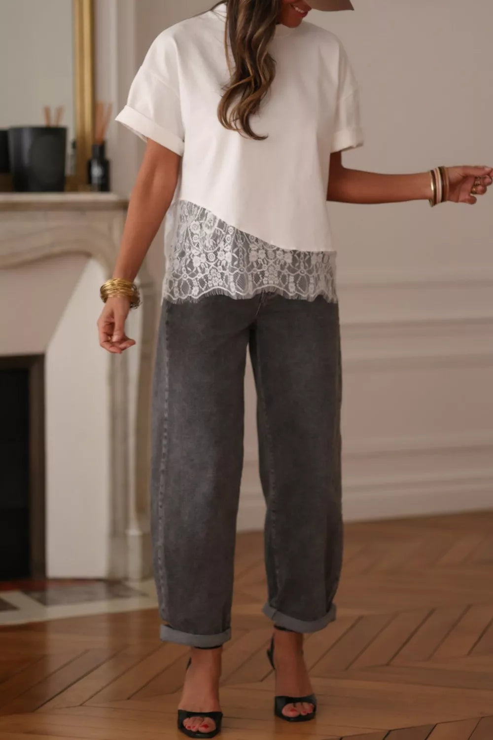 Short-sleeve mock-neck tee with asymmetric lace hem panel