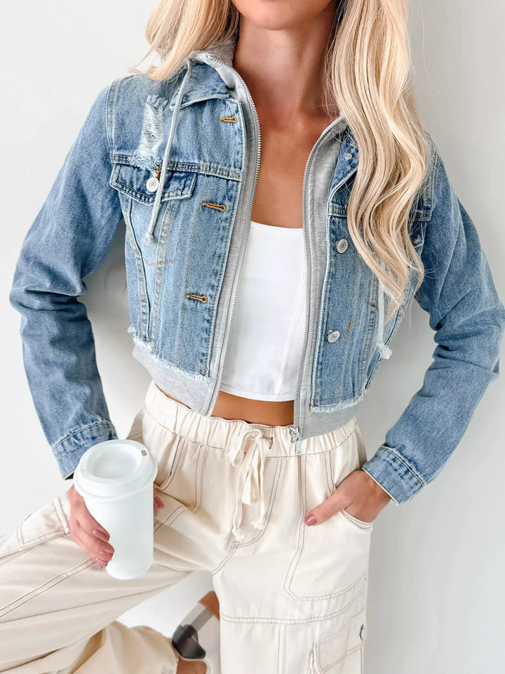 Distressed cropped hooded denim jacket with zip front