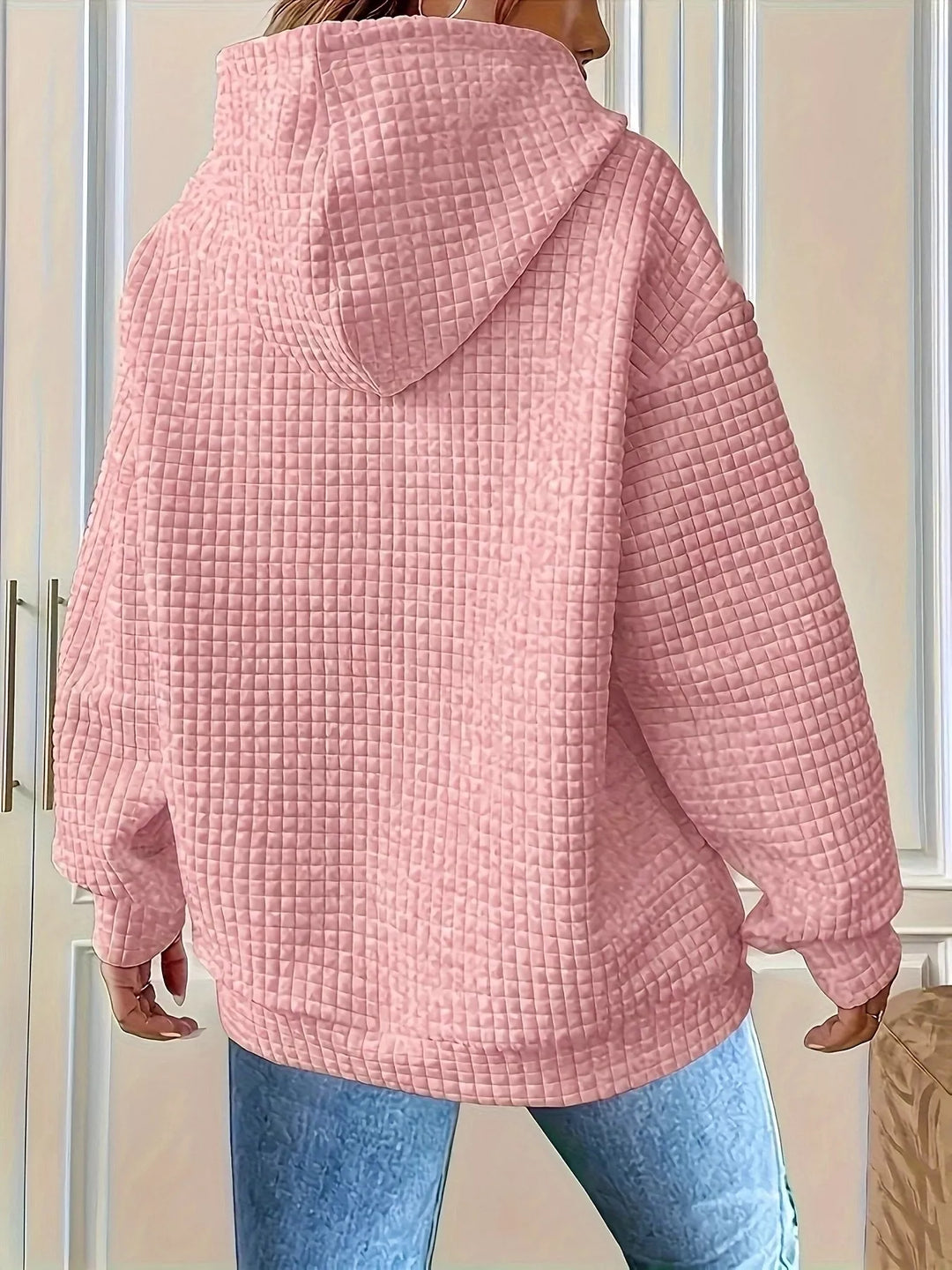 Textured waffle knit drawstring hoodie with kangaroo pocket