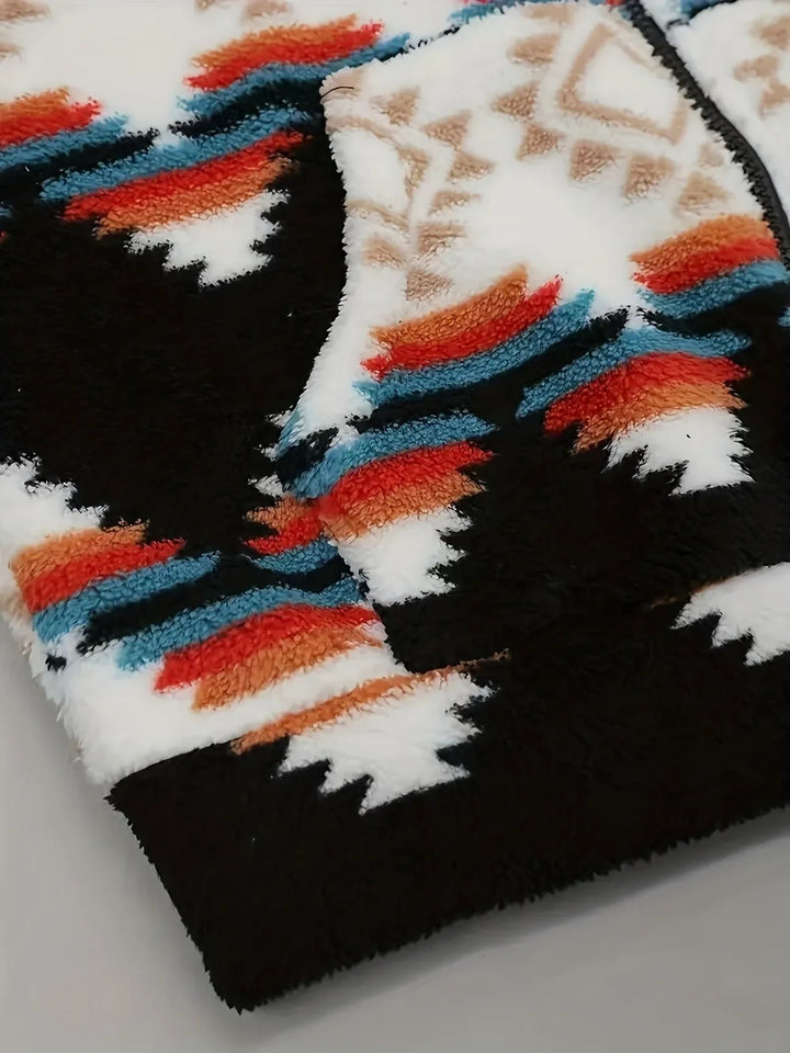 Aztec geometric print zip-up hooded sherpa jacket