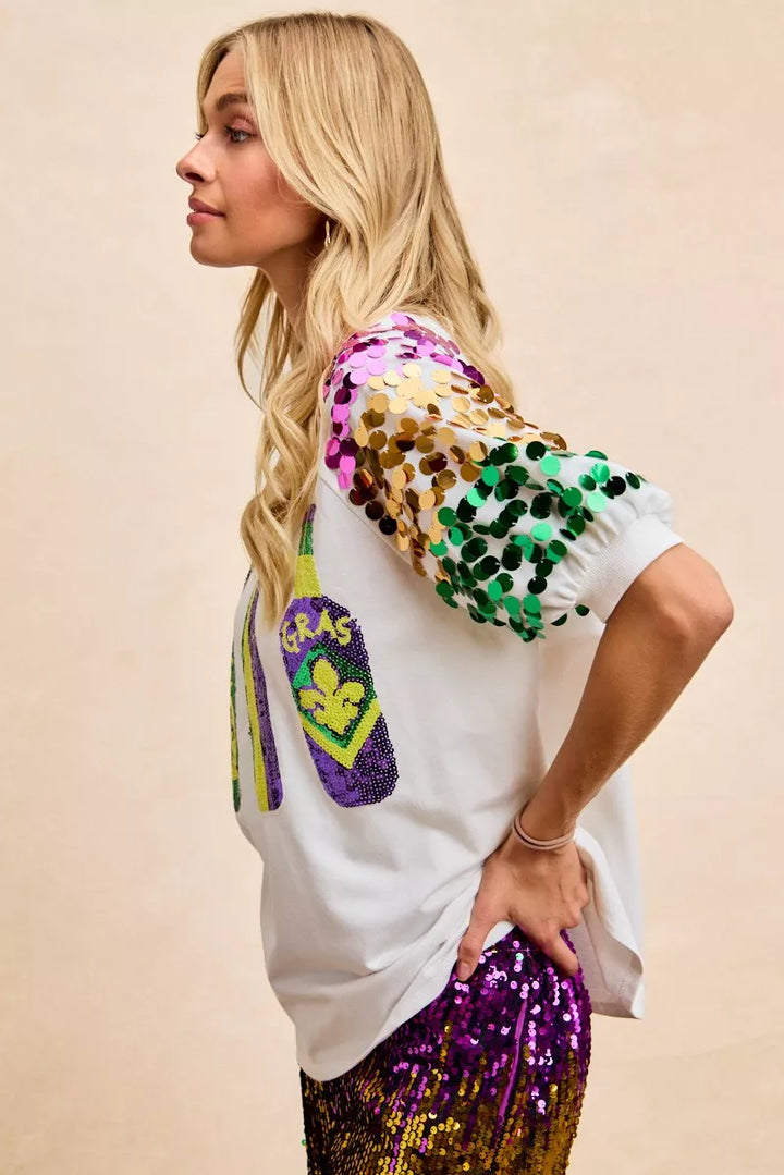 Sequin Mardi Gras bottles graphic tee with paillette sleeves