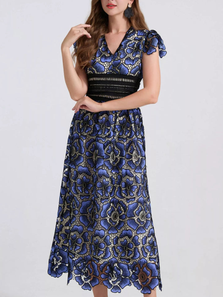 Embroidered floral lace V-neck midi dress with flutter sleeves