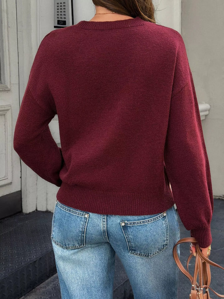 Dropped shoulder crew neck knit pullover sweater