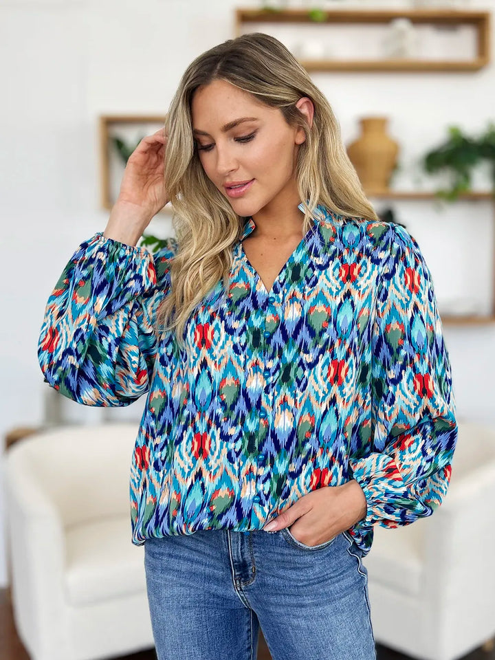 Abstract print balloon-sleeve button-down blouse