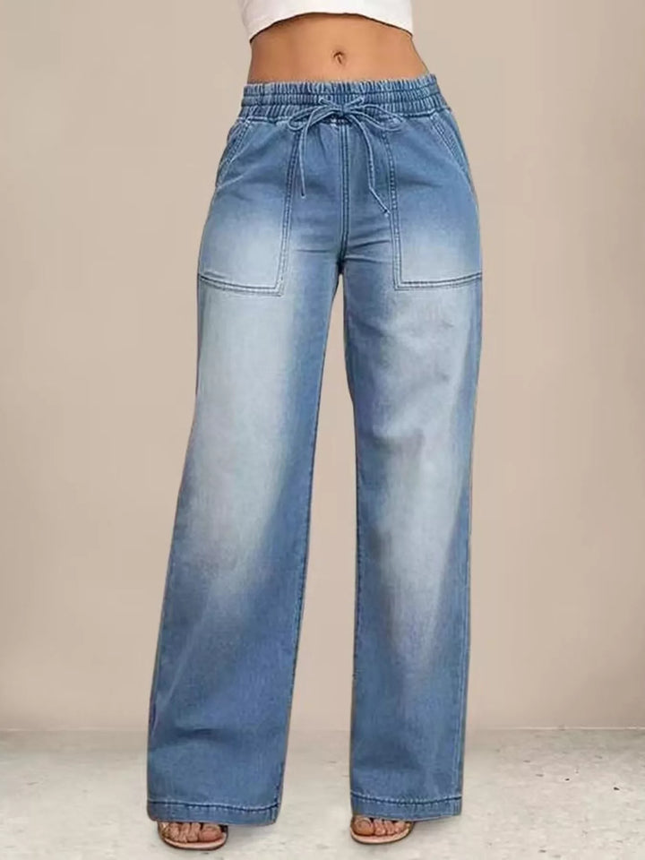 Light Blue Drawstring elastic-waist wide-leg jeans with patch pockets