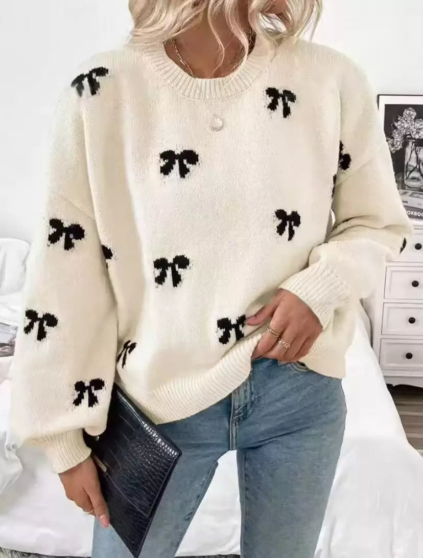 Apricot Bow print drop shoulder crew neck sweater