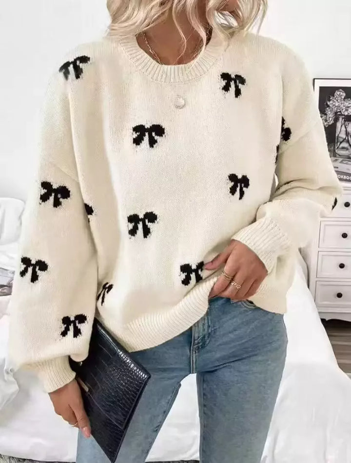 Apricot Bow print drop shoulder crew neck sweater
