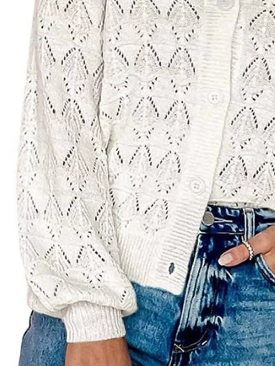 Pointelle openwork V-neck button-down knit cardigan