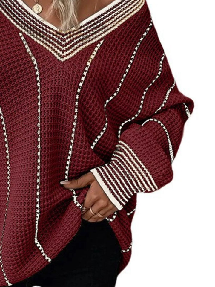 Waffle knit V-neck sweater with contrast stripe trim